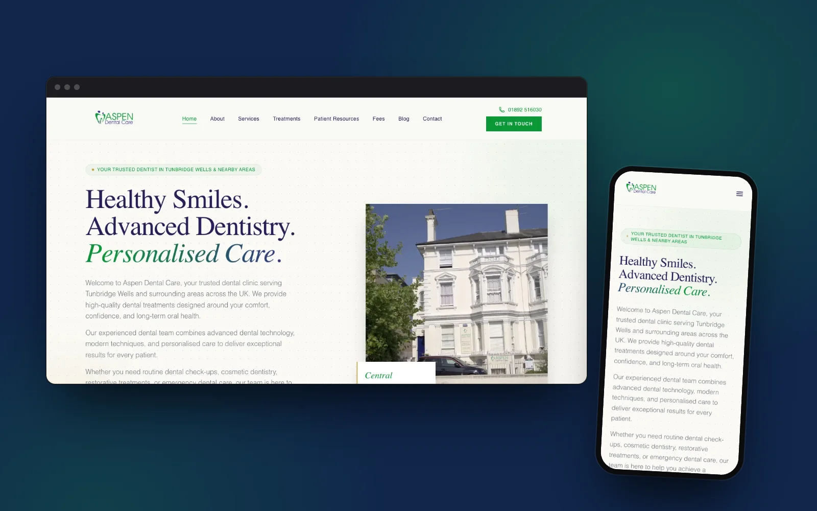 Aspen Dental Care home page on desktop and on a phone