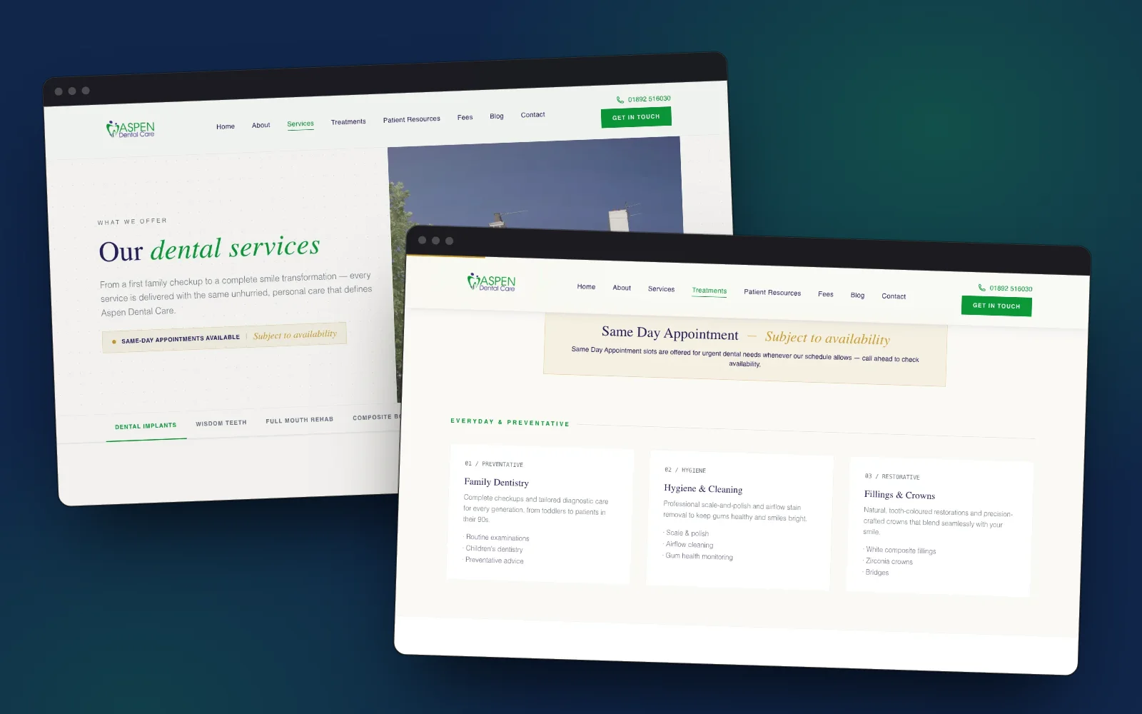 Aspen Dental Care services and treatments pages