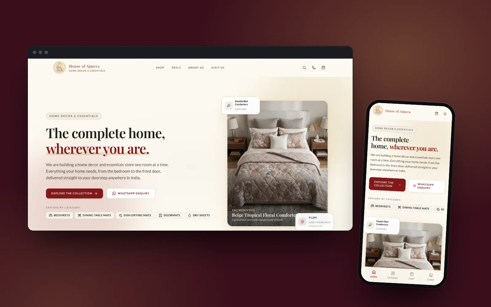 House of Ajmera home page on desktop with the same page on a phone