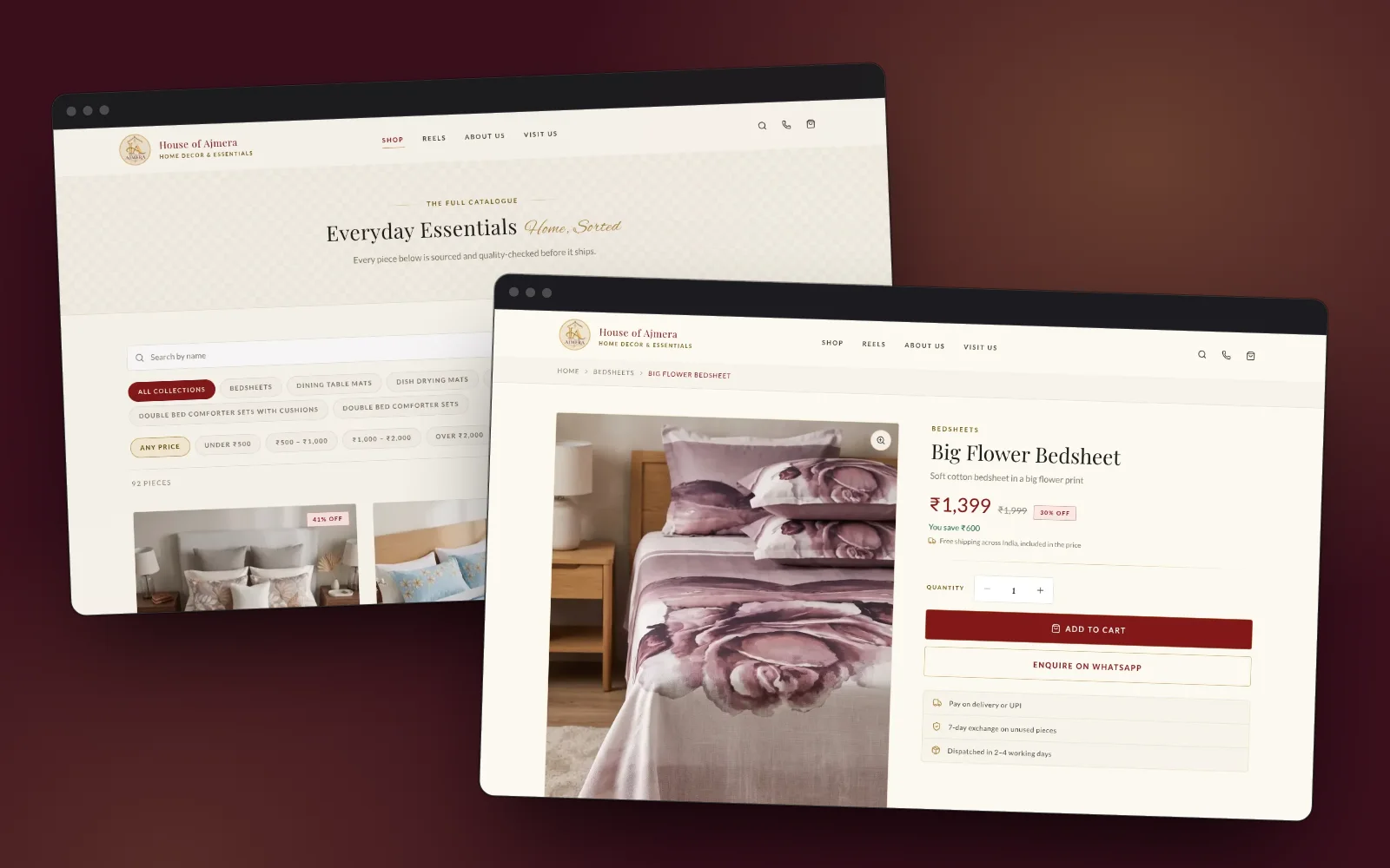 House of Ajmera shop page with filters beside a product page