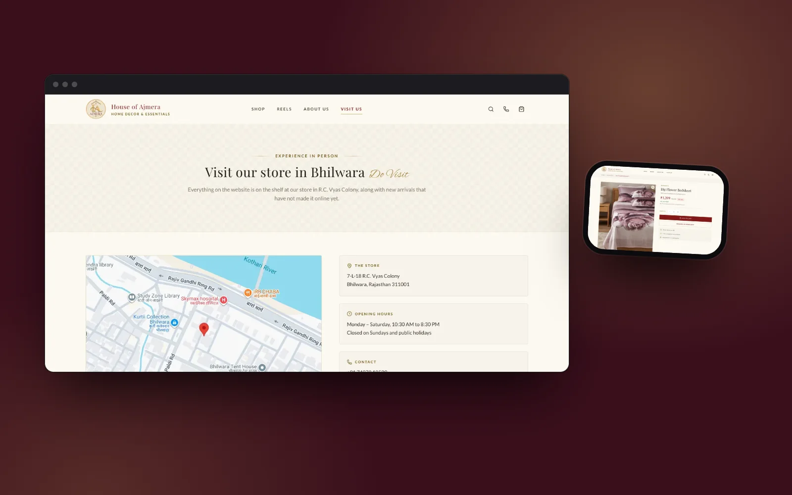 House of Ajmera visit page with a product page on a phone