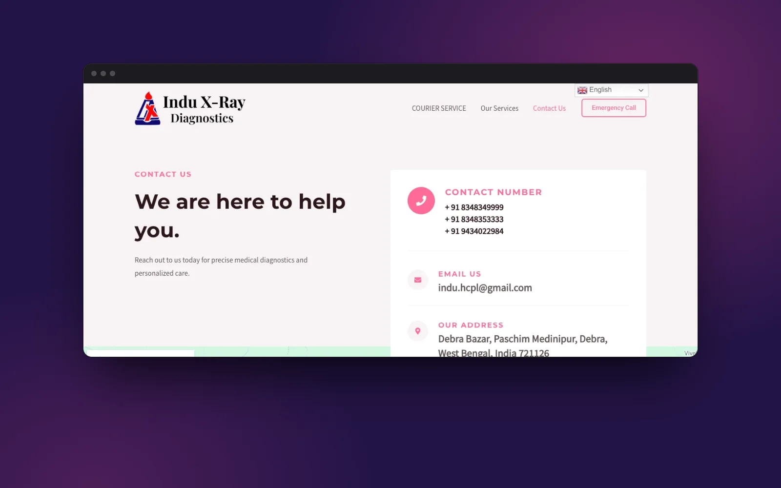 Indu X-Ray contact page with numbers and a map
