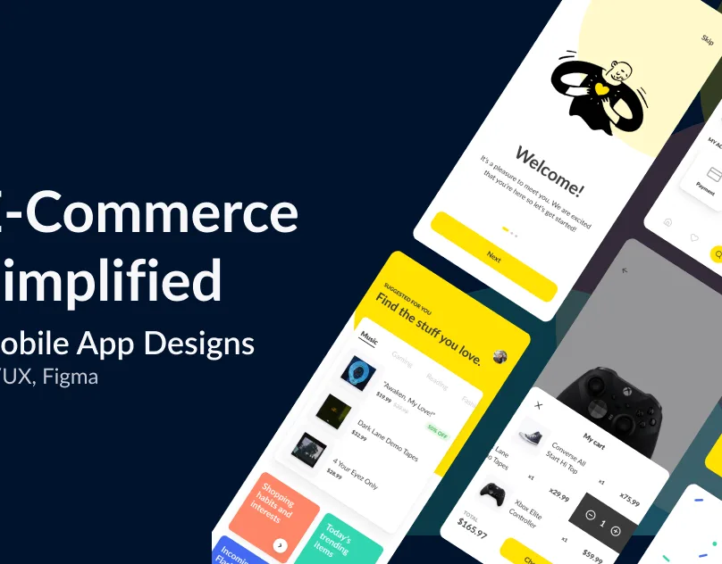 Mobile ecommerce app screens on a navy background