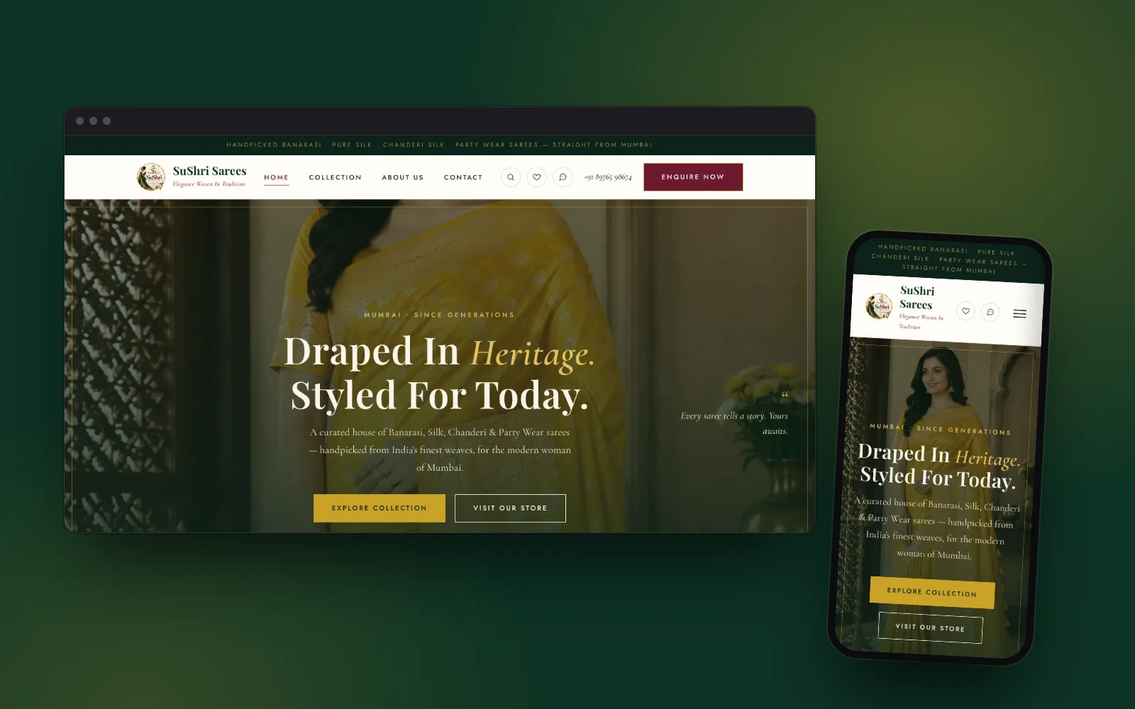 SuShri Sarees home page on desktop and on a phone