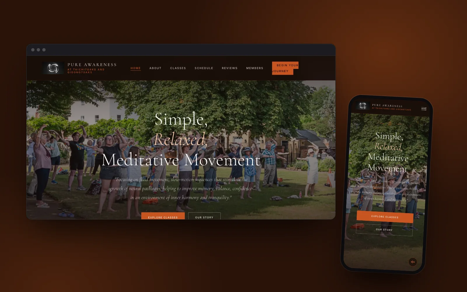 Pure Awareness home page on desktop and on a phone